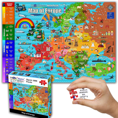 Think2Master Colorful Map of Europe 1000 Pieces Jigsaw Puzzle for Kids 12+, Teens, Adults & Families. Great Gift for stimulating Interest in The European Map. Size: 26.8” X 18.9” THINK2MASTER