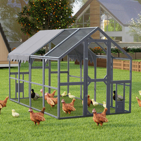 YOPTO 109.6'' Large Wood Chicken Coop Enclosures,Walk-in Poultry Cage, Chicken Run Pen Duck House with Waterproof and Anti-Ultraviolet Cover for Outdoor Farm Use Spire Roof, Grey YOPTO