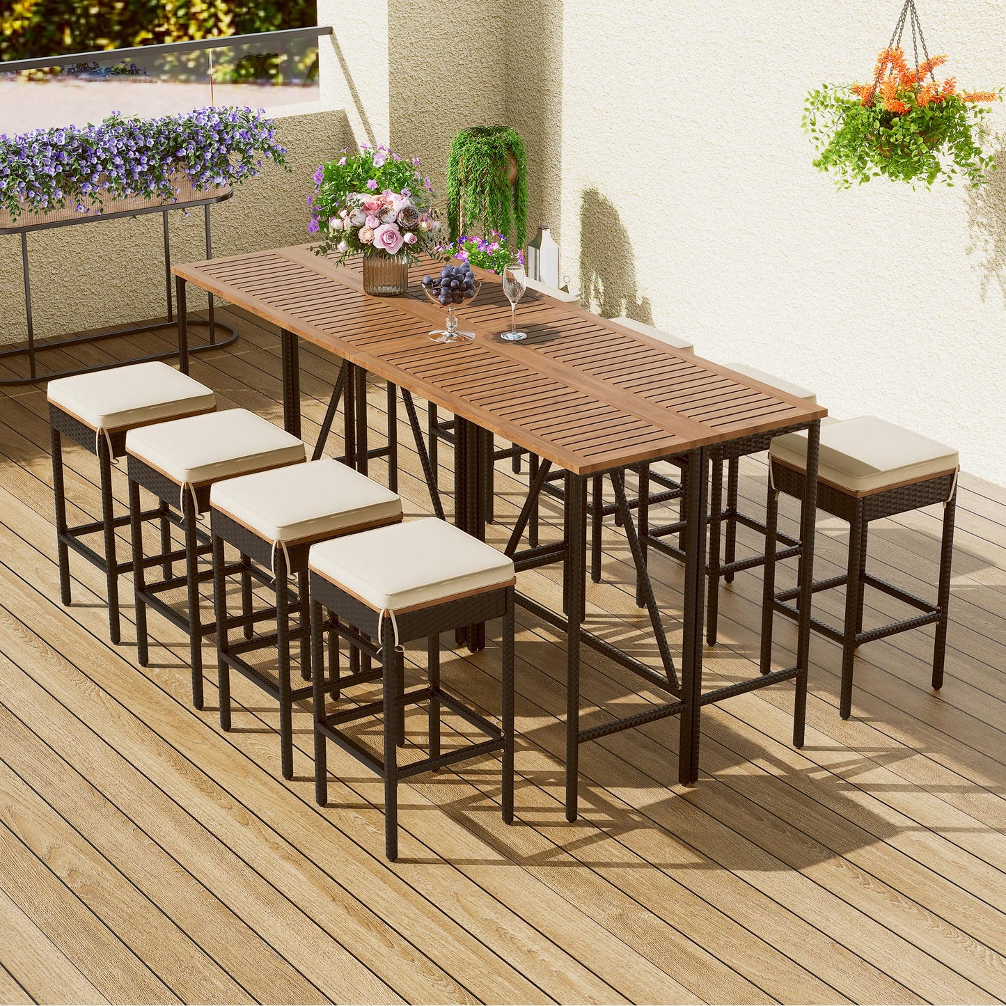 CKLMMC 10-Piece Outdoor Patio Dining Set, Acacia Wood Bar Height Table with Foldable Tabletop and Four Stools with Cushions, High-Dining Bistro Set - WoodArtSupply