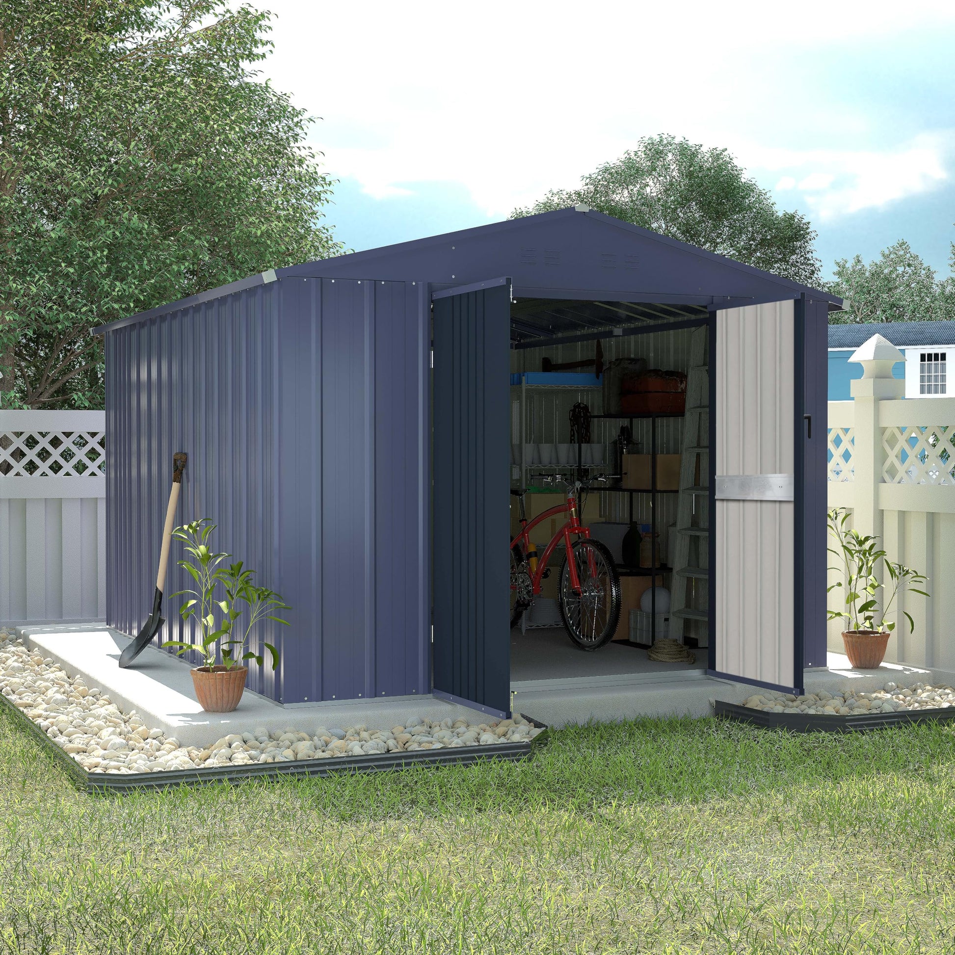 VEIKOU 8 x 10FT Storage Shed with Thickened Galvanized Steel, Outdoor Storage Shed with Lockable Door & Air Vents, Garden Tool Metal Shed for Patio Garage Yard, Grey - WoodArtSupply