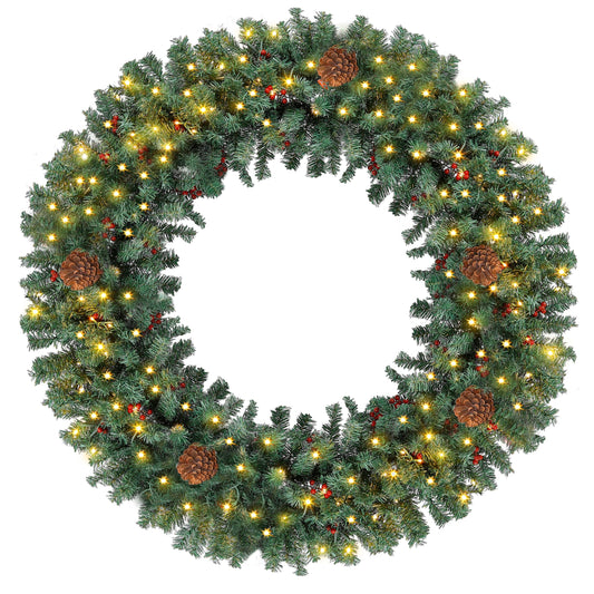 Prelit Christmas Wreath 48 Inches Large Outdoor Christmas Wreath 162 Warm White LED Lights, Artificial Lighted Christmas Wreath Winter Wreath with 460 PVC Tips Vivid Pine Cones and Berry Clusters