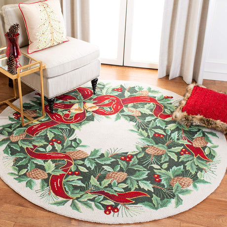 SAFAVIEH Vintage Poster Collection 3' Round Ivory / Green VP323B Handmade Christmas Wreath Novelty Premium Wool Area Rug SAFAVIEH