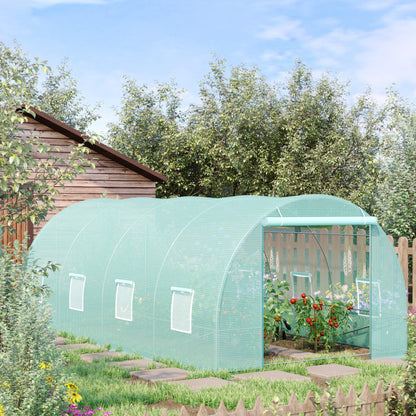 Outsunny 20' x 10' x 7' Walk-in Tunnel Greenhouse, Garden Warm House, Large Hot House Kit with 8 Roll-up Windows & Roll Up Door, Steel Frame, Green