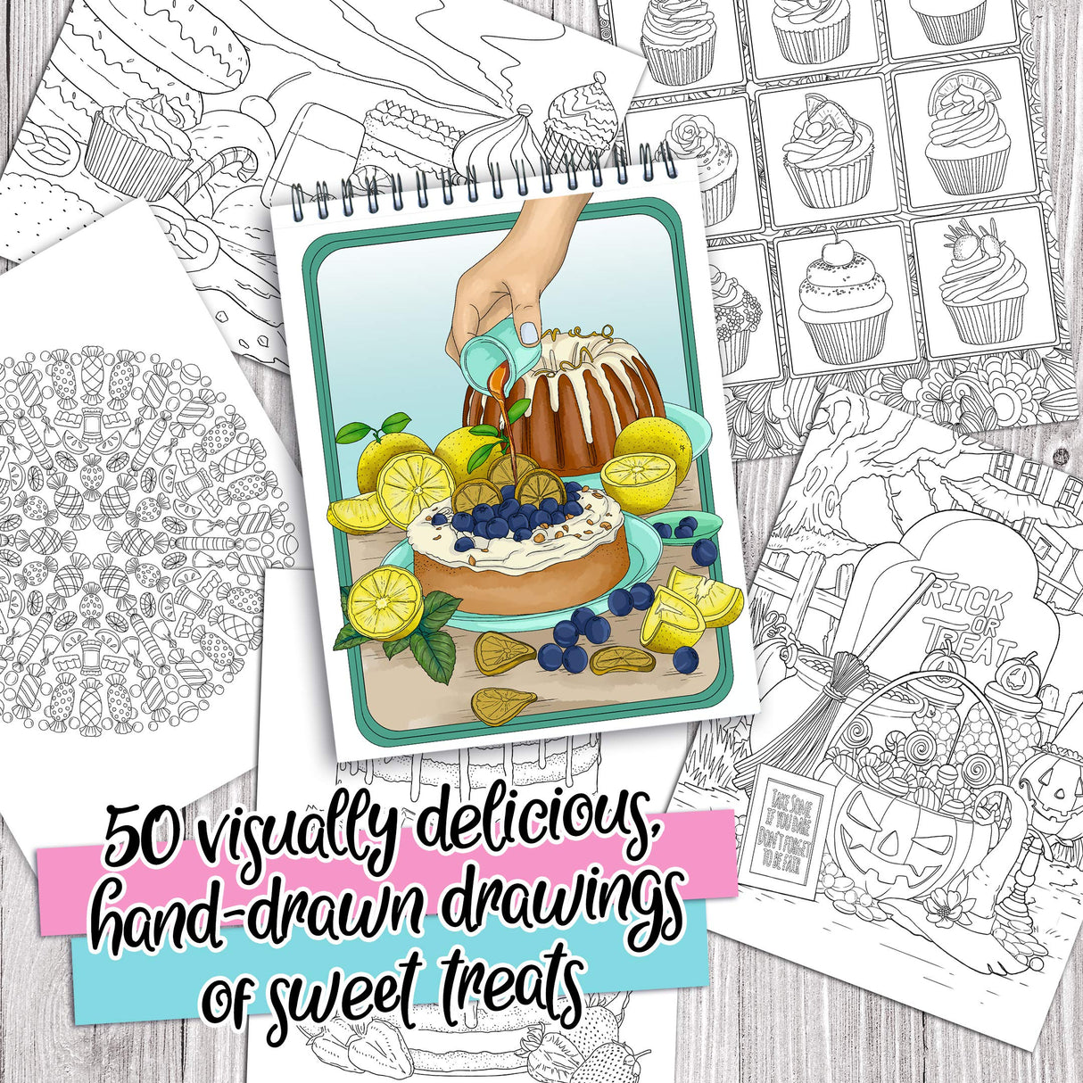 ColorIt Delightful Desserts and Sweet Treats Adult Coloring Book - 50 Single-Sided Designs, Thick Smooth Paper, Lay Flat Hardback Covers, Spiral Bound, USA Printed, Desserts Coloring Pages ColorIt