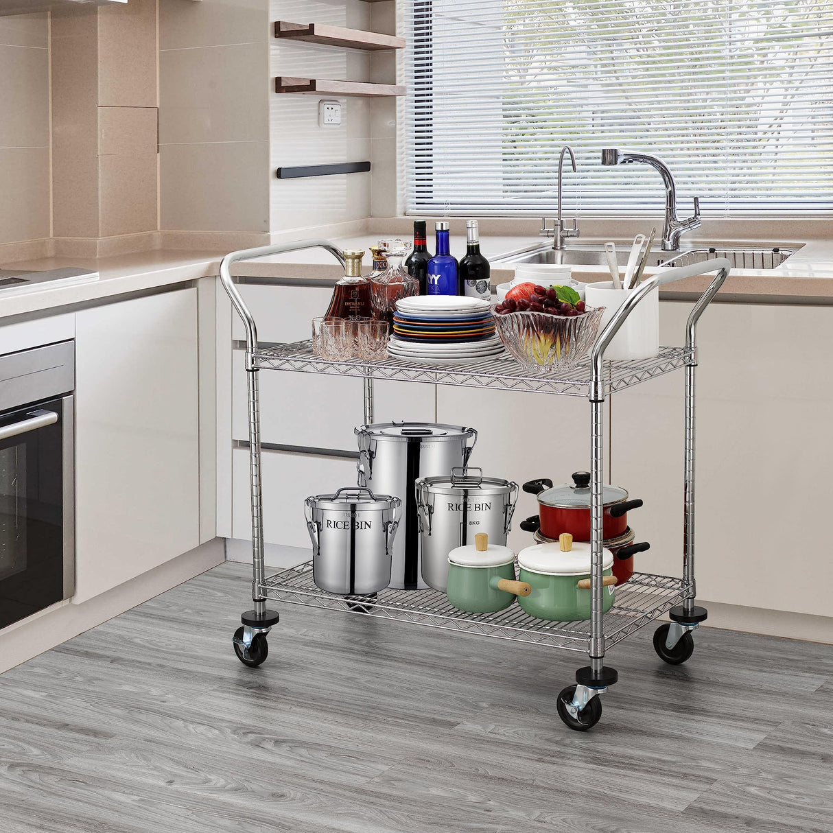 Finnhomy 2-Tier Commercial Grade Rolling Cart, Heavy Duty Utility Cart, Carts with Wheels and Handles, Kitchen Cart on Wheels, Metal Serving Cart with 500 lbs Capacity, Shelf Size 20" D x 36" W, NSF Finnhomy