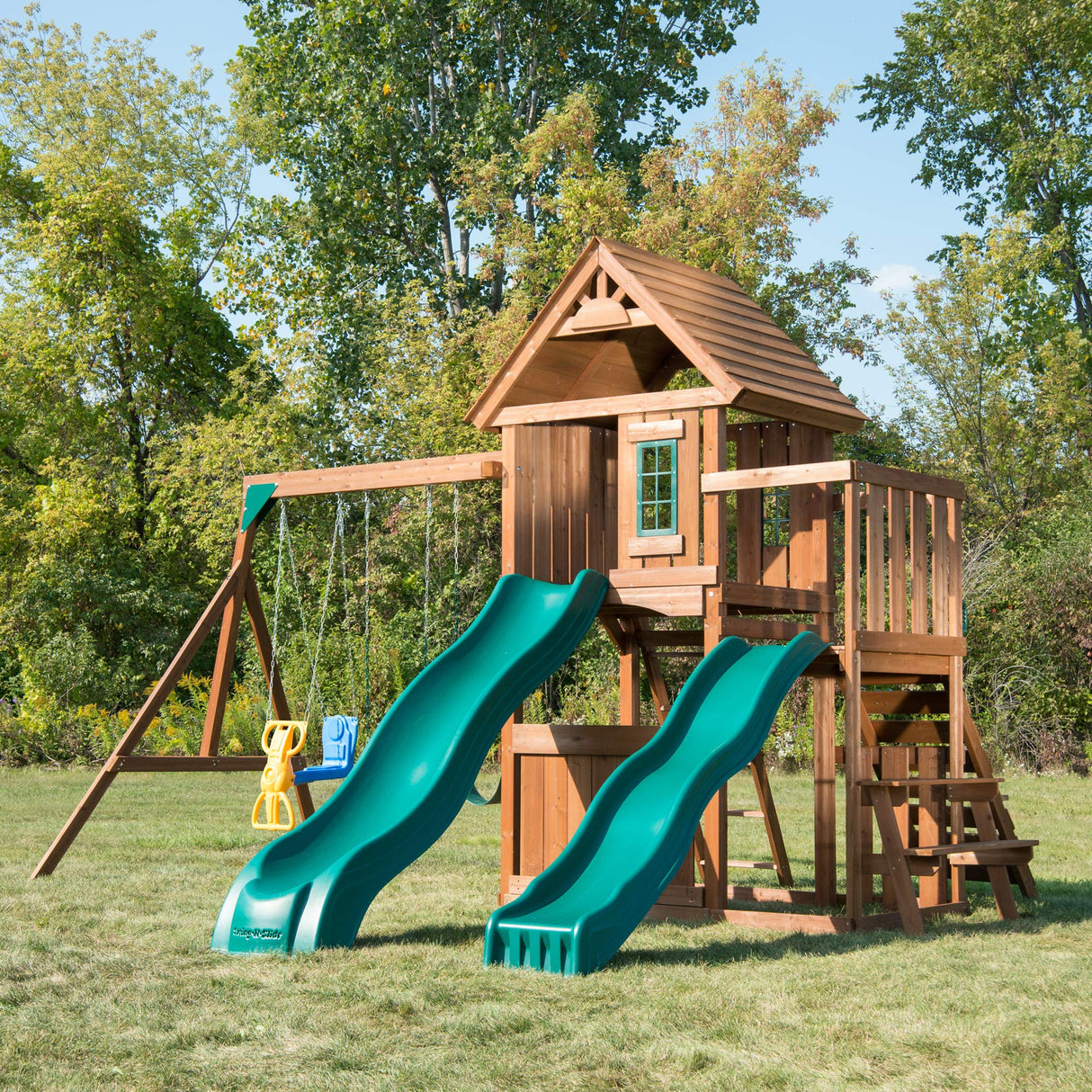 Swing-N-Slide WS 8353 Knightsbridge Deluxe Wooden Swing Set with Two Slides, Climbing Wall, Swings, Glider & Picnic Table, Wood Swing-N-Slide