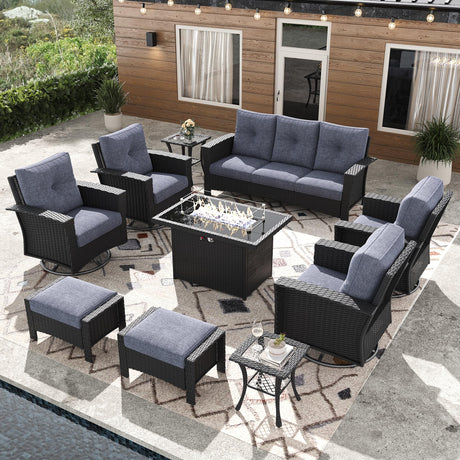 FUARTIO 10 Pieces Outdoor Patio Furniture Set with Fire Pit Table, Wicker Patio Sectional Set Conversation Wicker Swivel Chairs with Small Side Table FUARTIO