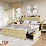 PAKASEPT Queen Bed Frame with Natural Rattan Headboard and Wooden 4 Storage Drawers, Metal Platform Boho Bed Frame, Built in Charging Station & LED, Noise-Free/Metal Support/No Box Spring Needed PAKASEPT