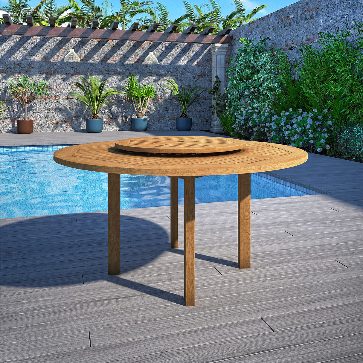 Amazonia Arezzo 7-Piece Outdoor Round Lazy Susan Dining Table Set | Teak Finish | Ideal for Patio and Indoors Amazonia