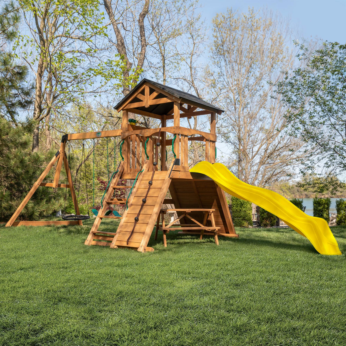 Backyard Discovery Endeavor II All Cedar Wood Swing Set Playset for Backyard with Yellow Wave Slide Climbing Wall with Rope Picnic Table Double Wide Rock Wall 2 Belt Swings and 1 Web Swing Gift Backyard Discovery