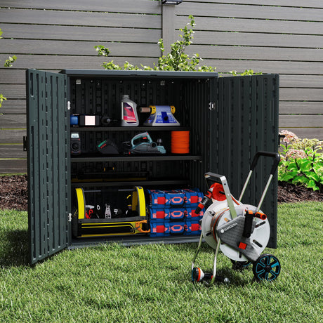 Outdoor Storage Cabinet with 2 Shelves, Waterproof Resin Horizontal Tool Shed, Lockable 15 cuft. Storage Shed for Patio, Garden, Yard, Grey ZYJOYY