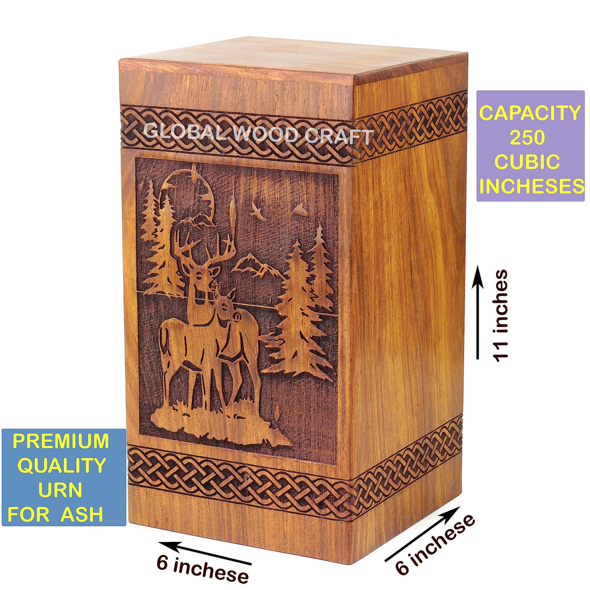 Wooden Handmade Handcrafted Laser Etching Engraved Cremation Burial & Memorial Urn for Ash Remains Storage | Adult Pet Human (Deer Christmas Generic