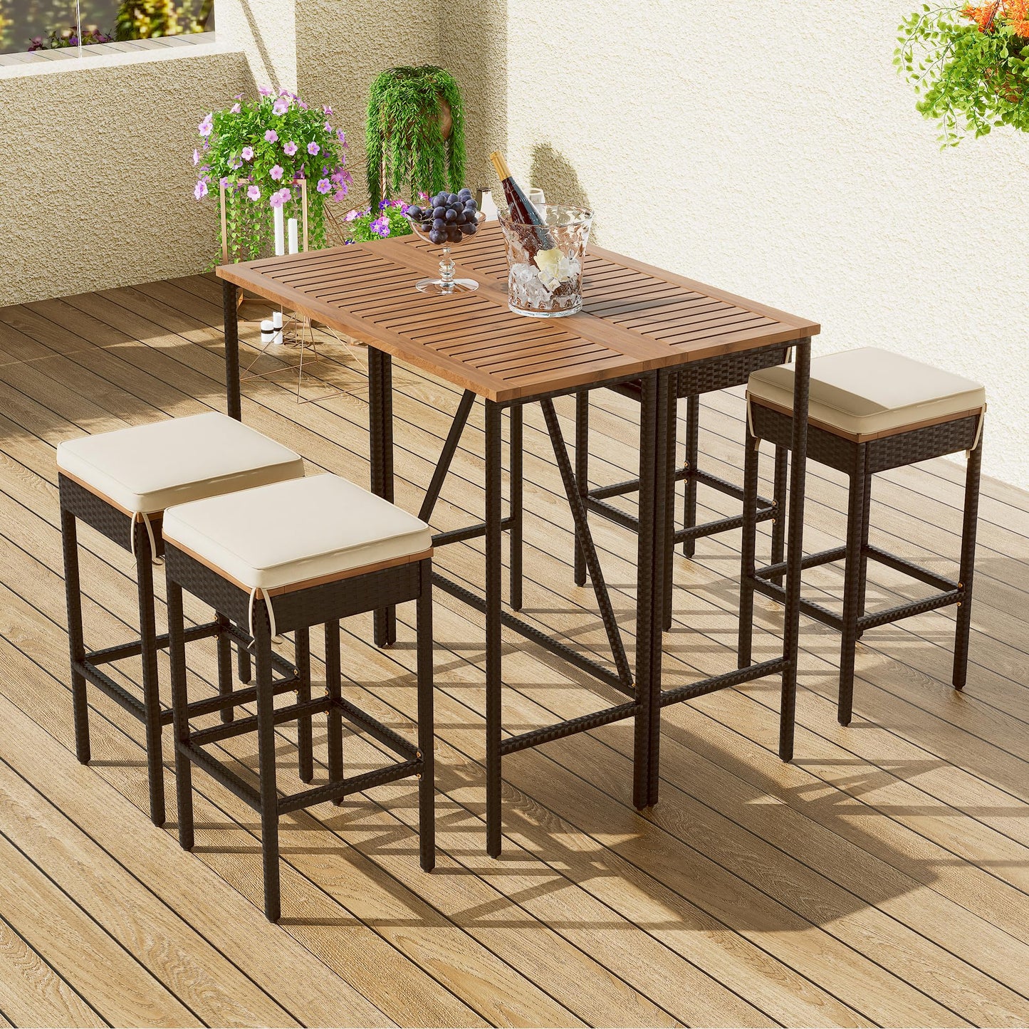 5-Piece VilroCaz Outdoor Acacia Wood & Wicker Counter Height Dining Set with Cushioned Stools - WoodArtSupply