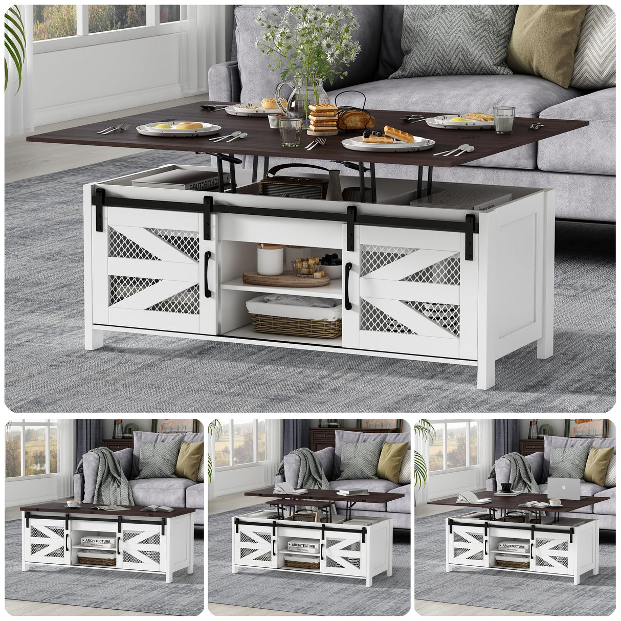 wanan 47.2" Lift Top Coffee Table, 4 in 1 Farmhouse Coffee Table with Sliding Barn Doors, Coffee Tables for Living Room, Dining Room (White) wanan