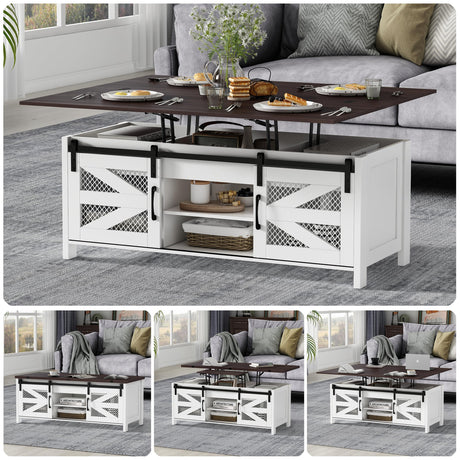 wanan 47.2" Lift Top Coffee Table, 4 in 1 Farmhouse Coffee Table with Sliding Barn Doors, Coffee Tables for Living Room, Dining Room (White) wanan