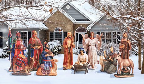 Complete 12pc Outdoor Nativity Set 51" Tall - Lifelike High Res, Sturdy 22 Gauge Flat Metal, Strong Windguard Bracing. Includes Baby Jesus, Joseph, Mary, Shepherds, Wisemen, Animals THREE KINGS GIFTS THE ORIGINAL GIFTS OF CHRISTMAS