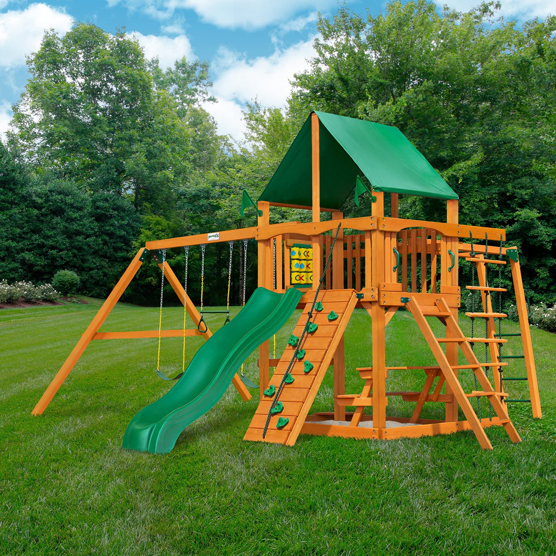 Gorilla Playsets 01-0020-AP-1 Navigator Wooden Swing Set with Deluxe Green Vinyl Canopy, Monkey Bars, Swings, and Slide, Brown - WoodArtSupply