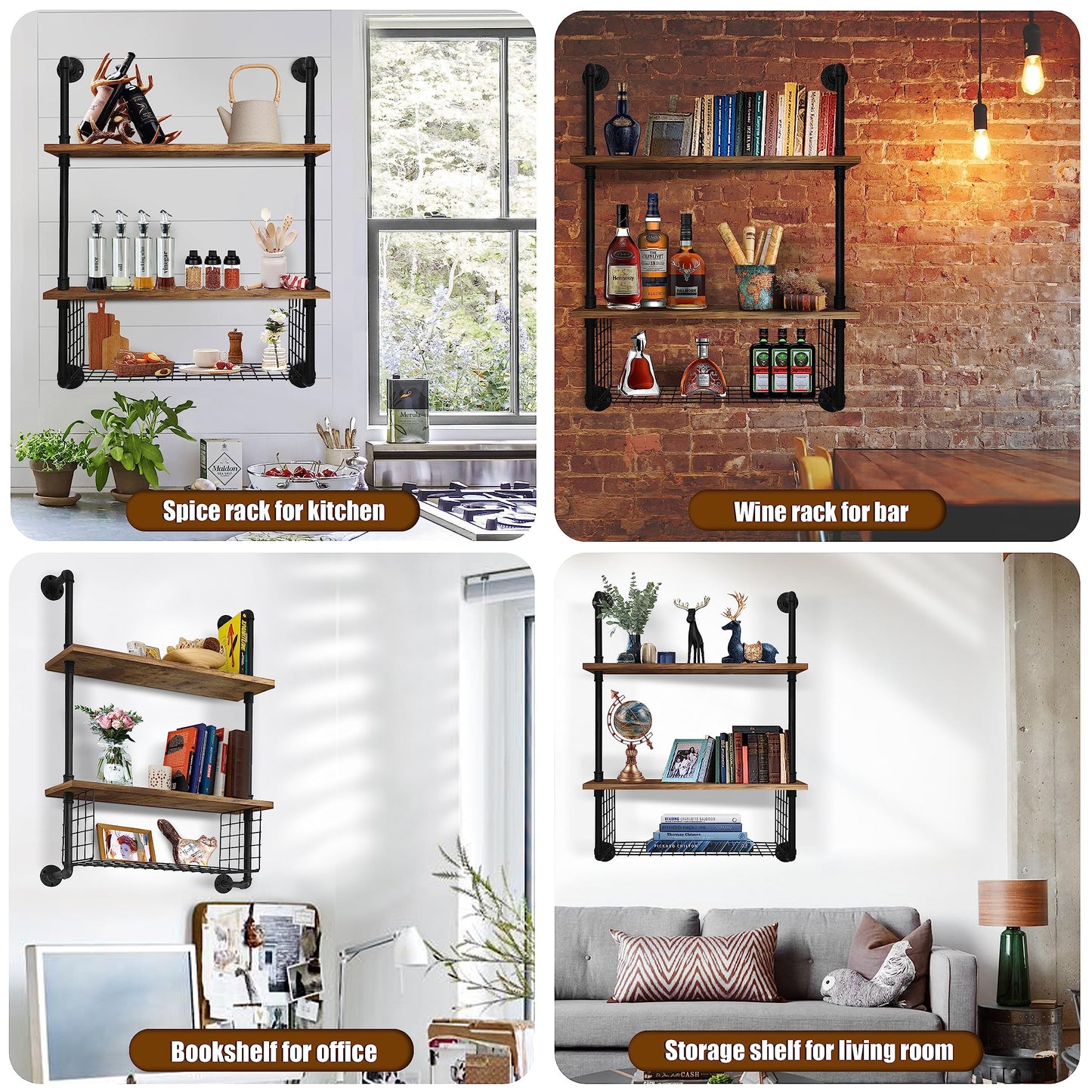 GILPWA Industrial Pipe Shelving 2 Tiers 24in Bathroom Floating Shelves Wall Mounted with Paper Storage Basket Retro Wood Floating Shelf Sundries Holder for Home Decor Livingroom Bedroom