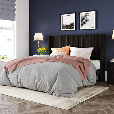 Allewie Queen Size Black Velvet Bed Frame with Wingback Headboard and Wooden Slats Allewie