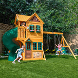 KidKraft Buffalo Crossing Wooden Swing Set with Playhouse, Rock Wall, Tube Slide and Glider KidKraft