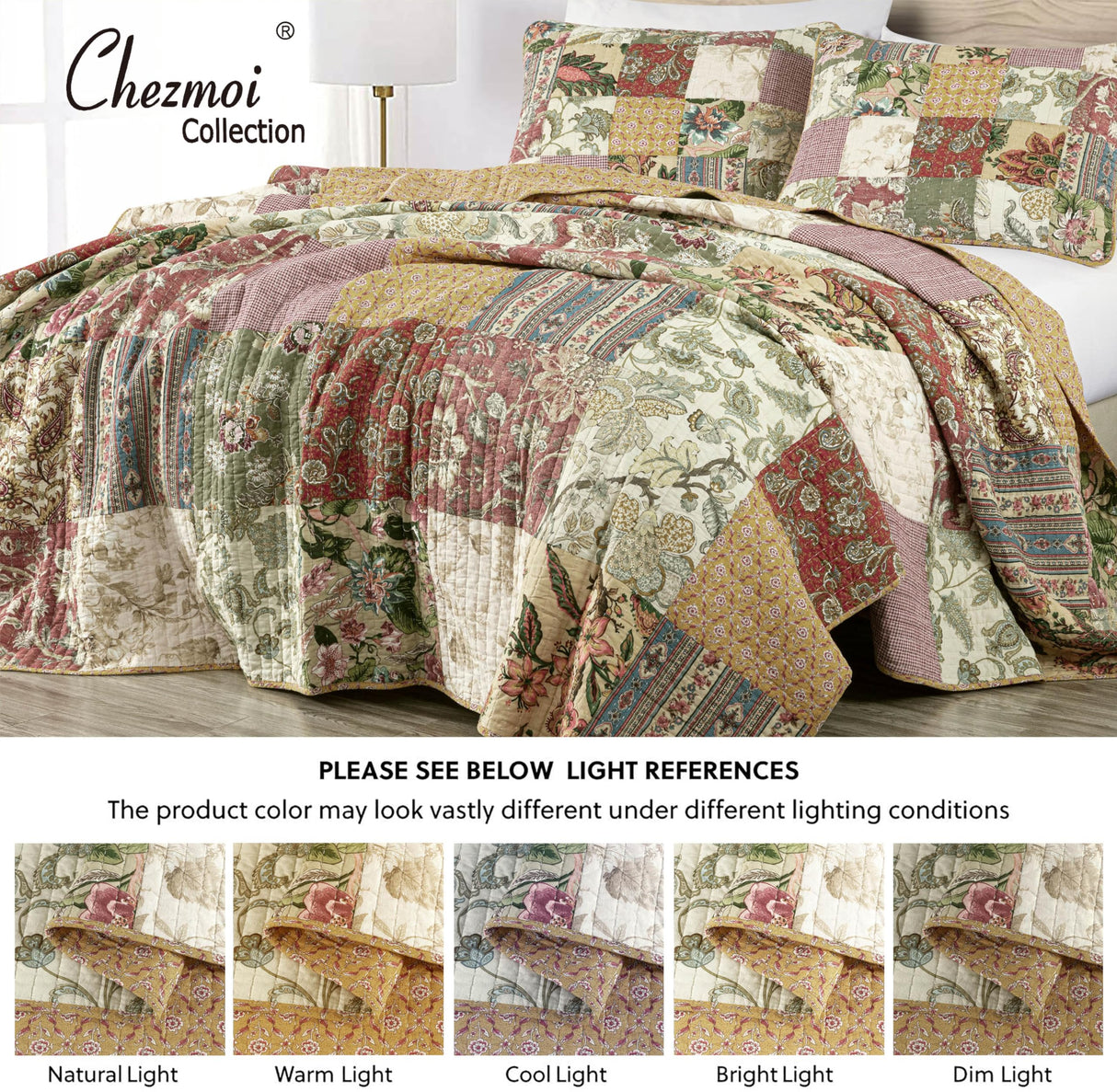 Chezmoi Collection Delaney 3-Piece Floral Patchwork Pre-Washed 100% Cotton Quilt Set, King Chezmoi Collection