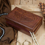 Ajuny Hand Carved handmade Wooden Decorative Treasure Chest Box - Flower Leaf Multipurpose Use Jewelry Storage Case Organizer Keepsake Watch Box Great for Gifts - Brown, 8X5 Inch Ajuny