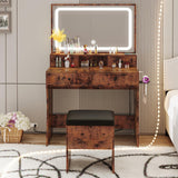 LIKIMIO Vanity Desk with LED Lighted Mirror & Power Outlet & 4 Drawers, Dressing Makeup Table Set with Storage Stool and Hair Dryer Stand, Vintage LIKIMIO
