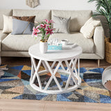 COZAYH Farmhouse Coffee Table, Rustic Round Coffee Table with X-Motifs Legs, Wood Textured Top, for Boho, French Country Decor, Antique White COZAYH