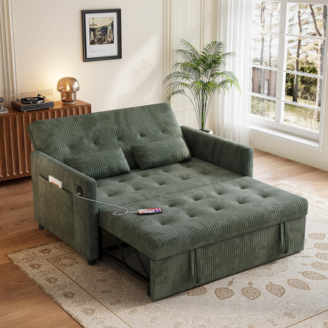 UXENAFANA Sofa Bed, Loveseat 3-in-1 Sleeper Sofa with Pull Out Bed, Pockets and USB, Modern 2 Seater Convertible Small Couch for Living Room Bedroom Apartment (Green, Corduroy) UXENAFANA