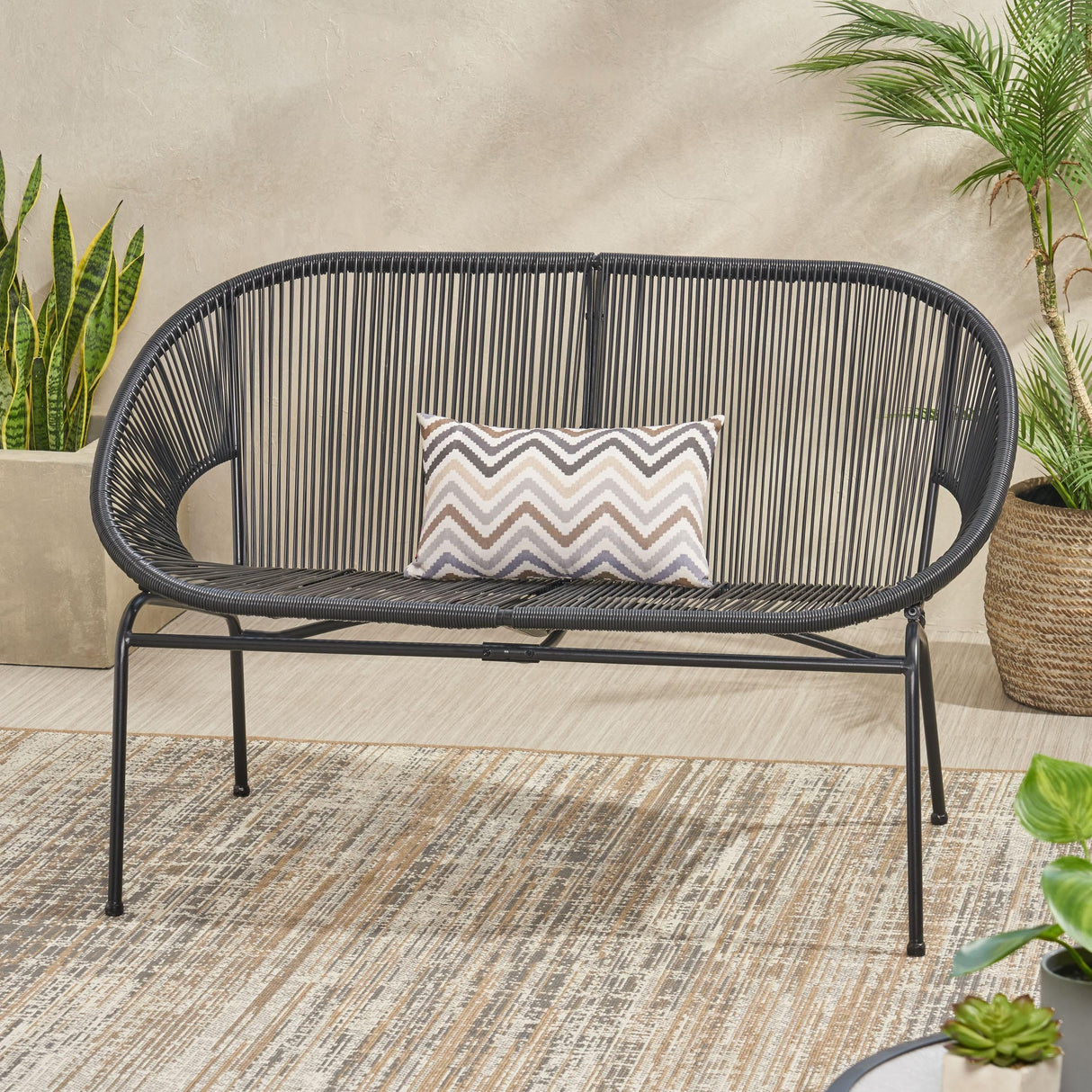 GDFStudio Patio Loveseat All-Weather Rattan 2 Seater Sofa Outdoor Patio Furniture Set for Balcony Poolside Backyard, Black GDFStudio