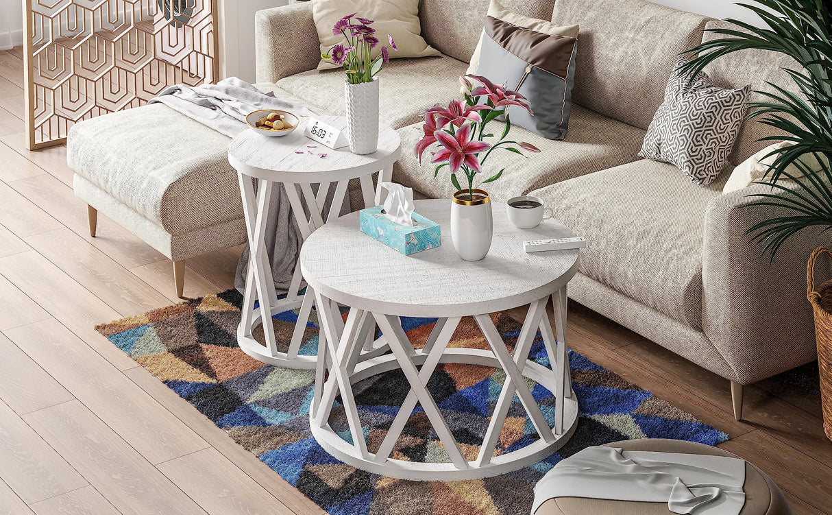 COZAYH Farmhouse Coffee Table, Rustic Round Coffee Table with X-Motifs Legs, Wood Textured Top, for Boho, French Country Decor, Antique White COZAYH