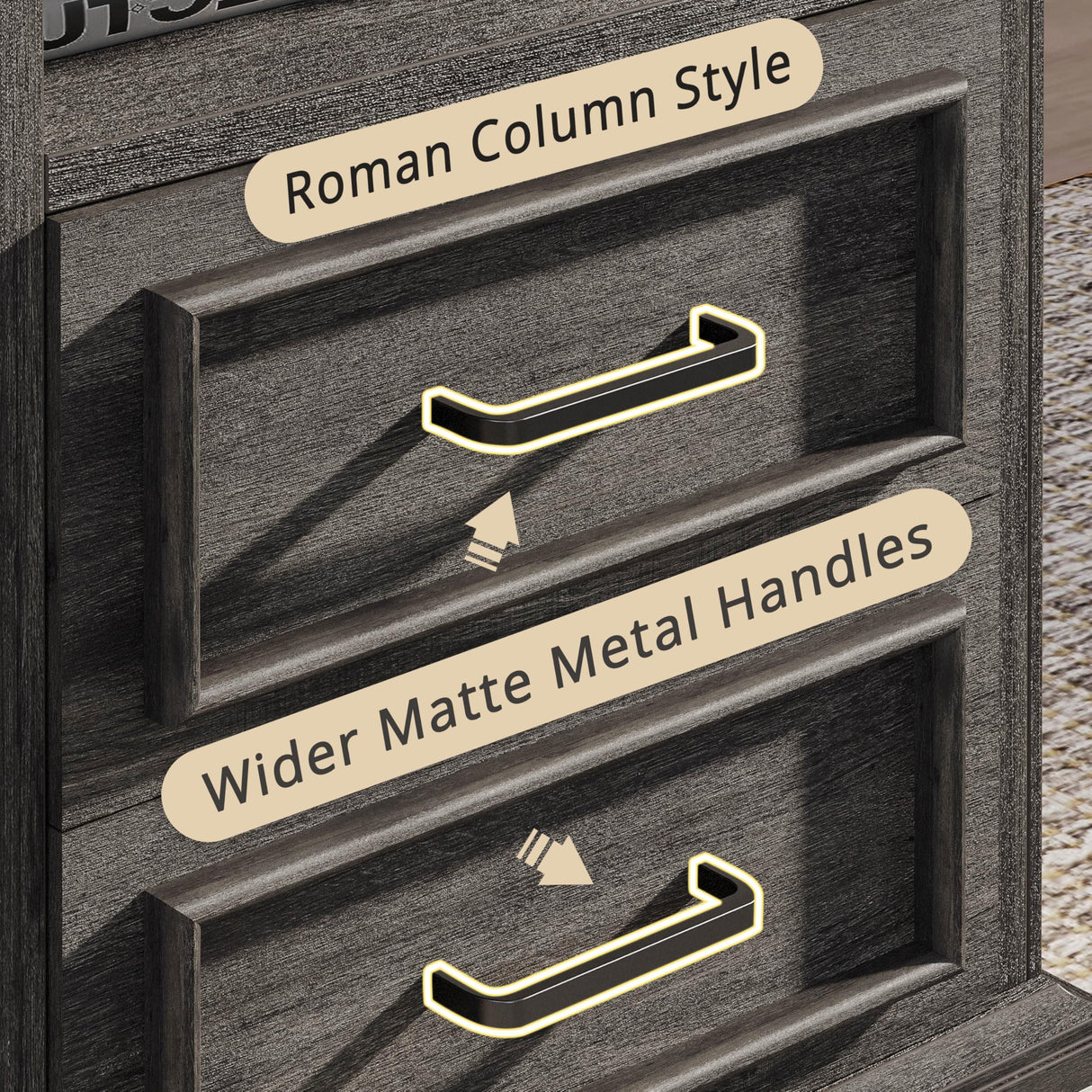 LIKIMIO Farmhouse Nightstand with Storage Drawers and Open Shelf, Small End Tables Living Room, Rustic Wood Side Tables for Bedroom, Roman Column Design, Charcoal Grey LIKIMIO