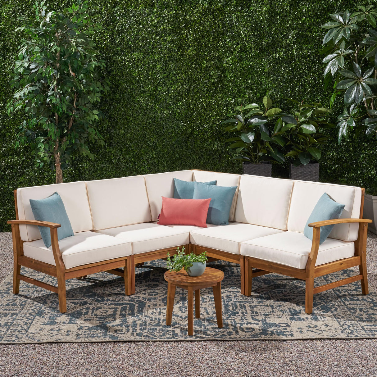Christopher Knight Home Perla 5 Piece Patio Furniture Set, 5 Seater Acacia Wood Outdoor Corner Sofa Set, Patio Sectional Sofa Couch with Water Resistant Cushions, Teak+Cream Christopher Knight Home