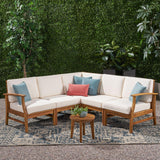 Christopher Knight Home Perla 5 Piece Patio Furniture Set, 5 Seater Acacia Wood Outdoor Corner Sofa Set, Patio Sectional Sofa Couch with Water Resistant Cushions, Teak+Cream Christopher Knight Home