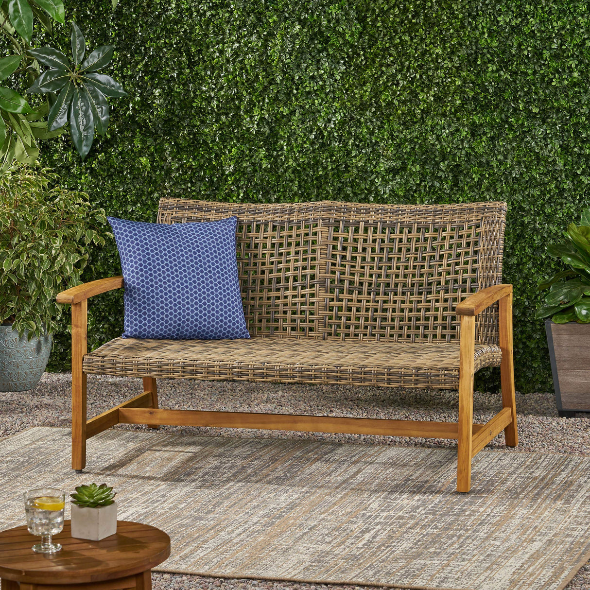 GDFStudio Noble House Hampton Outdoor Wood and Wicker Loveseat in Natural GDFStudio