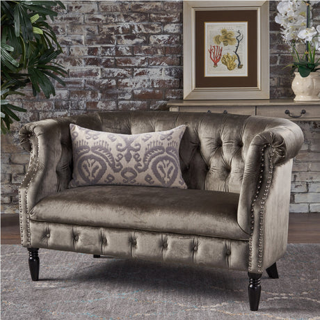 Christopher Knight Home Milani Tufted Scroll Arm Velvet Loveseat, Grey / Dark Brown Christopher Knight Home