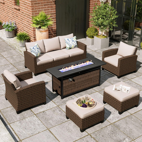 MIXPATIO Patio Furniture Set, 6 Pcs Wicker Outdoor Conversation Set, 2 x Single Chairs, 1 x 3 Seater Sofa and 2 x Ottoman with 4" Thick Cushion and 56" Fire Pit Table, Beige MIXPATIO