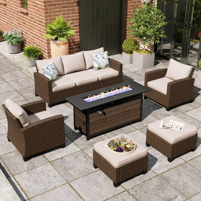 MIXPATIO Patio Furniture Set, 6 Pcs Wicker Outdoor Conversation Set, 2 x Single Chairs, 1 x 3 Seater Sofa and 2 x Ottoman with 4" Thick Cushion and 56" Fire Pit Table, Beige