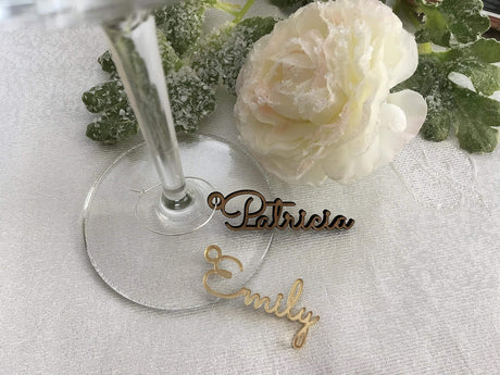 FranJohnsonHouse Personalized Wine Glass Charm Small Laser Cut Table Name & Hole Place Card Custom Sign Acrylic Gift Tag Wedding Favors Wooden Place Setting Decor Bridal Party Metal Drink Marker FranJohnsonHouse