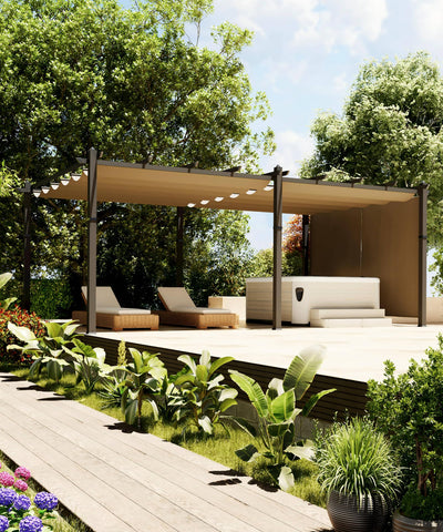 KYBOLT 12x20 Ft Modern Aluminum Pergola, Outdoor Pergola with Adjustable Canopy, Stable 4-Sided Base, Aluminum Gazebos for Backyard, Deck, Lawn - Khaki