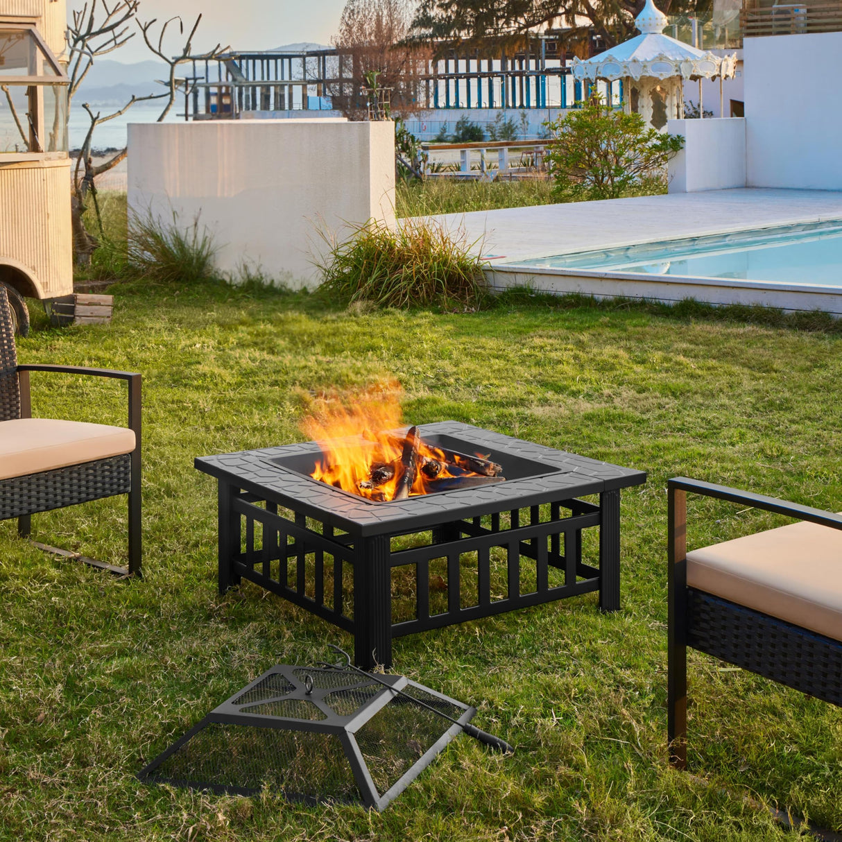 Yaheetech Multifunctional Fire Pit Table 32in Square Metal Firepit Stove Backyard Patio Garden Fireplace for Camping, Outdoor Heating, Bonfire and Picnic Yaheetech
