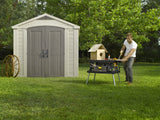 Keter Factor 8x8 Foot Large Resin Outdoor Shed with Floor for Patio Furniture, Lawn Mower, and Bike Storage, Taupe & Brown Keter