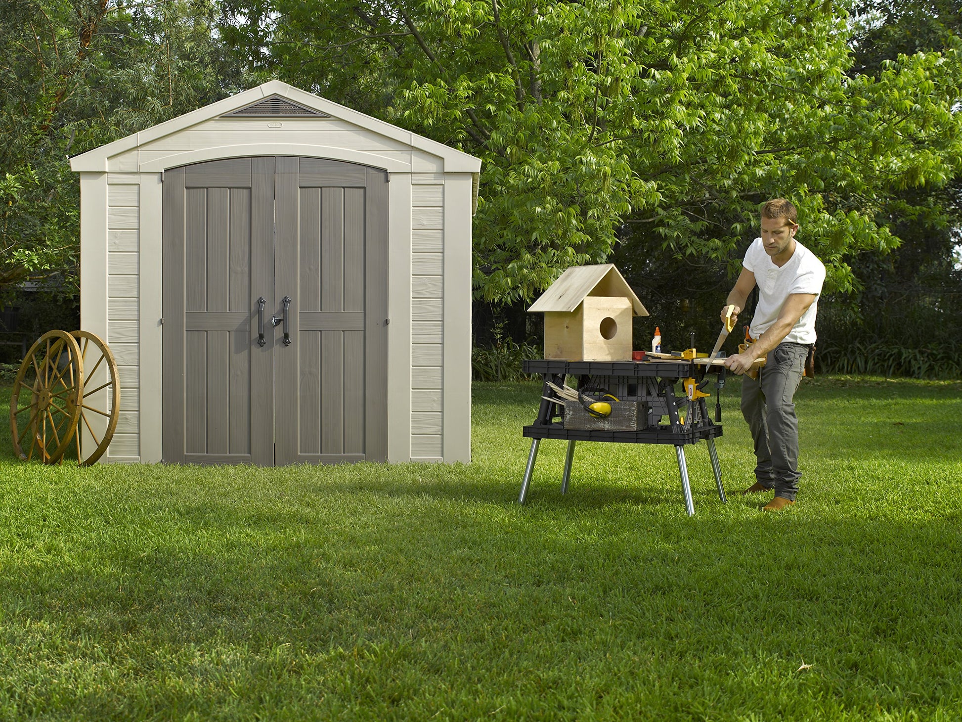 Keter Factor 8x8 Foot Large Resin Outdoor Shed with Floor for Patio Furniture, Lawn Mower, and Bike Storage, Taupe & Brown - WoodArtSupply