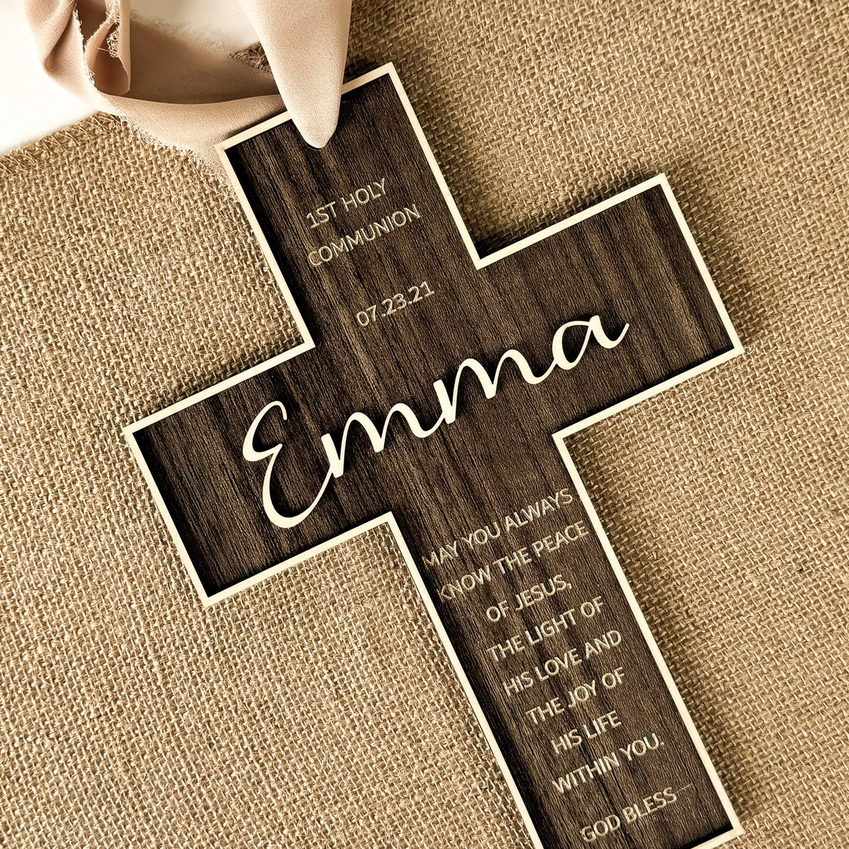 Personalized Engraved Wooden Cross, Christian WoodCcross for Baptism, Holy Communion, Confirmation or Newborn Gift Keepsake with Custom Name and Date with Message LIGHTIT STUDIO