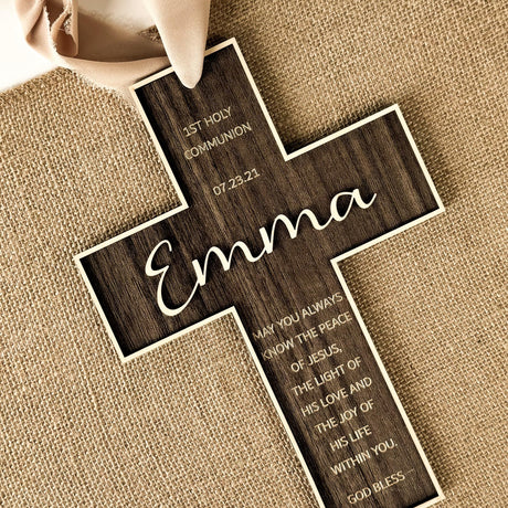 Personalized Engraved Wooden Cross, Christian WoodCcross for Baptism, Holy Communion, Confirmation or Newborn Gift Keepsake with Custom Name and Date with Message LIGHTIT STUDIO