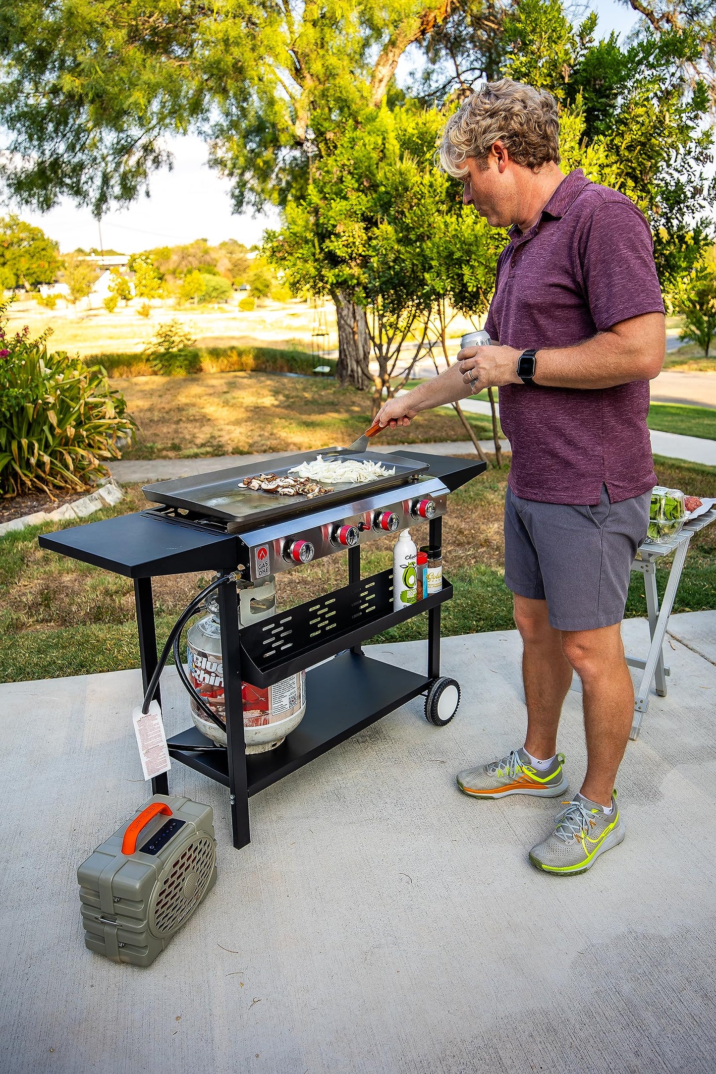 Gas One Flat Top Grill with 4 Burners – Premium Propane Grill with Outdoor Grill Cart – Stainless Steel Auto Ignition Camping Grill Outdoor Griddle – Easy Cleaning Grills Outdoor Cooking Propane