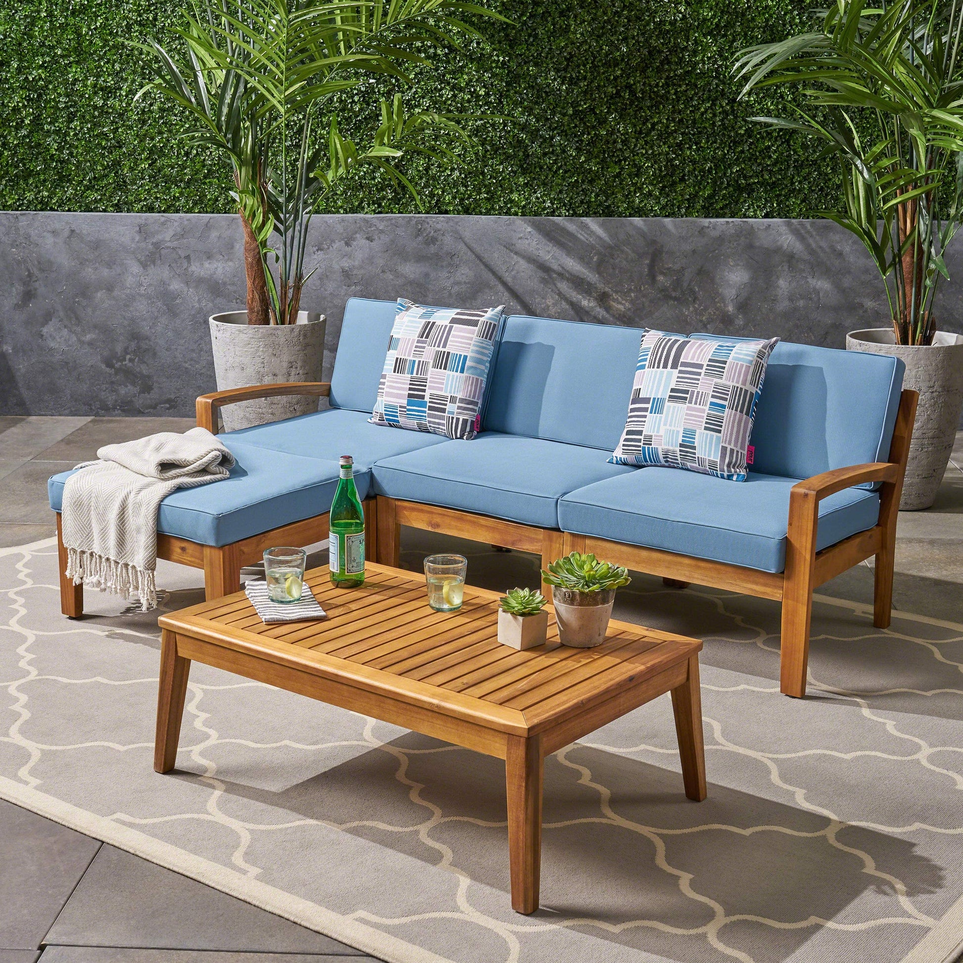 Christopher Knight Home Grenada Sectional Sofa Set | 5-Piece 3-Seater | Includes Coffee Table and Ottoman | Acacia Wood Frame | Water-Resistant Cushions | Teak and Blue, Finish - WoodArtSupply