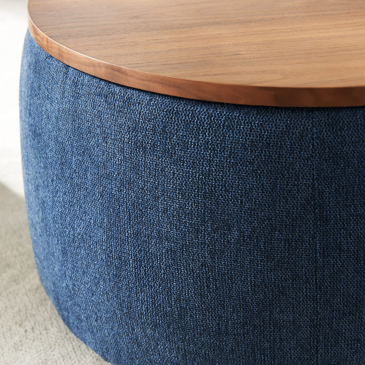 YICORPS Modern Round Storage Ottoman with Wooden Top,Handmade Luxury Pleated Circle Fabric Storage Ottoman Coffee Table,End Table & Footstool for Living Room（Navy Blue） YICORPS