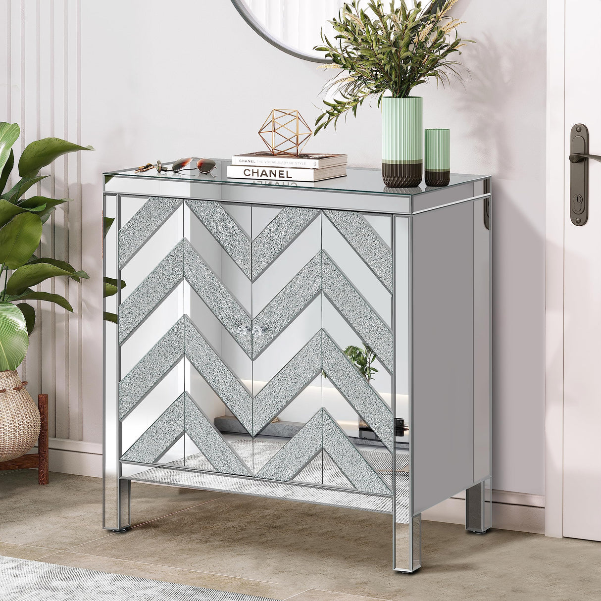 Goujxcy Mirror Storage Cabinet with Diamond Trim, Modern Silver Mirrored Sofa Console Table, Elegant Buffet Sideboard Entrance Cabinet Drawer Chest for Entryway Living Room Bedroom Kitchen Goujxcy