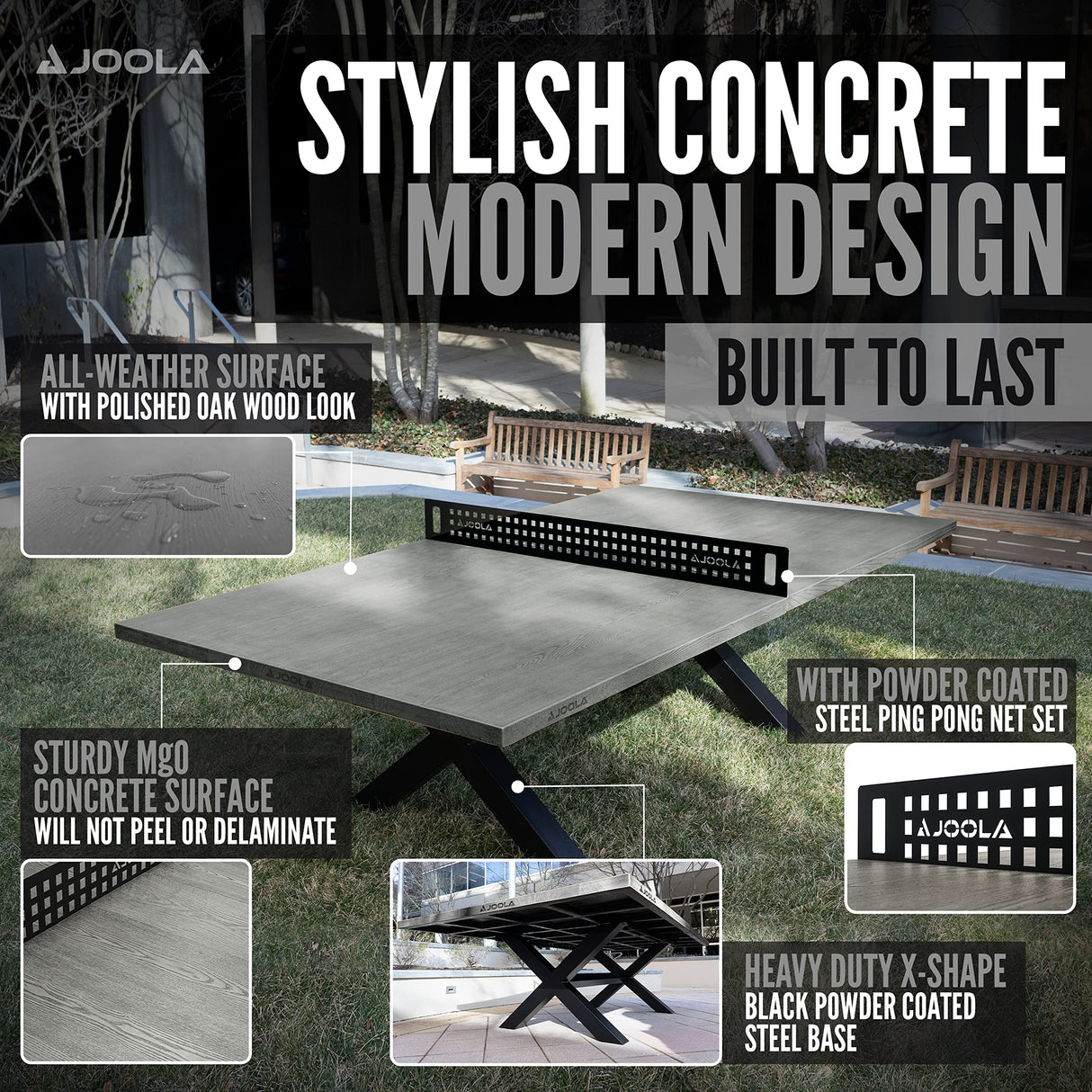 JOOLA Berkshire Outdoor Table Tennis Table - Multi Use Conference Table Dining Table - Concrete Gray Wood Look Includes Steel Outdoor Ping Pong Net Set & Frame - Hybrid Indoor Outdoor Ping Pong Table JOOLA